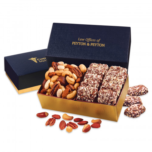 English Butter Toffee & Deluxe Mixed Nuts in Navy & Gold Gift Box 