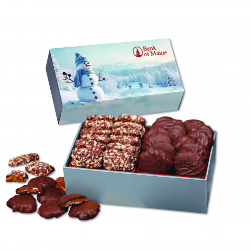 Toffee & Pecan Clusters in Gift Box with Blue Snowman Sleeve 