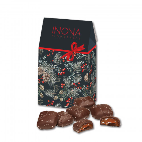 Chocolate Sea Salt Caramels in Pine Boughs & Berries Gable Top Gift Box 