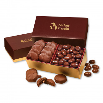 SALE - Caramel Pecan Clusters & Chocolate Almonds in Burgundy & Gold Gift Box