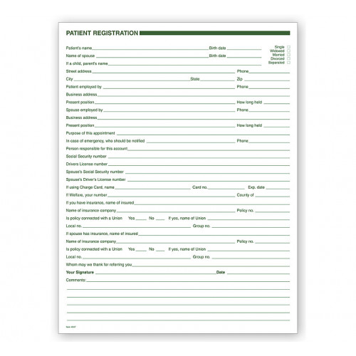 Dental Patient Registration Forms 1 Sided No Hole Punch Dental Patient Registration Forms 1 Sided No Hole Punch