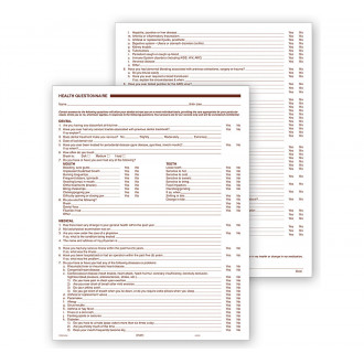 Dental Health History Questionnaires 2 Sided No Hole Punch