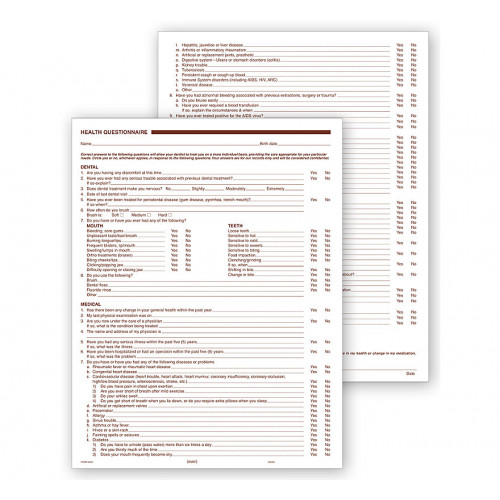 Dental Health History Questionnaires 2 Sided No Hole Punch Dental Health History Questionnaires 2 Sided No Hole Punch