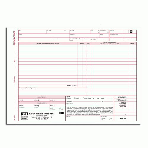 Auto Repair Order Forms with Key Tag Auto Repair Order Forms with Key Tag