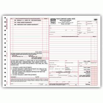 Large Auto Repair Order Form - Florida State