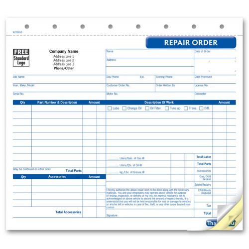 Repair Orders, Garage, Carbonless, Small Format Repair Orders, Garage, Carbonless, Small Format