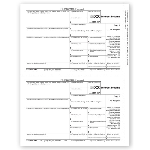Laser 1099 INT Income, Recipient Copy B Laser 1099 INT Income, Recipient Copy B