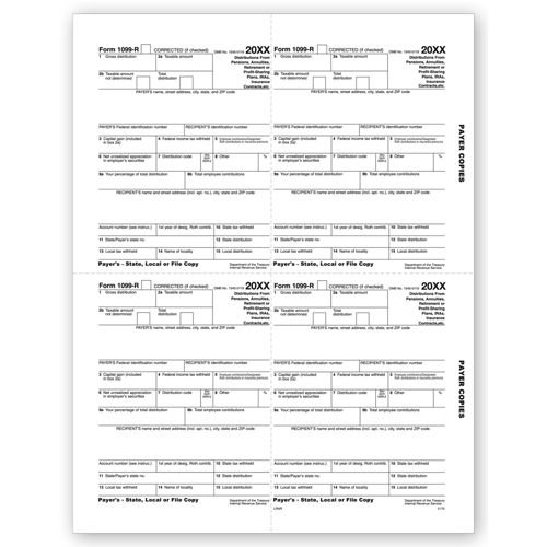 4 Up Laser 1099 R, Payer, State, Local or File Copy 4 Up Laser 1099 R, Payer, State, Local or File Copy